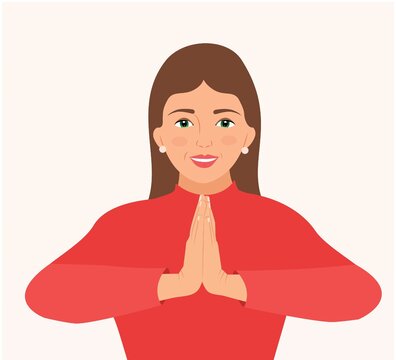 Happy beautiful young woman with welcome gesture of hands. Namaste mudra. Smiling girl making in a Namaste gesture bowing and hands pressed together, palms touching, isolated flat Vector illustration