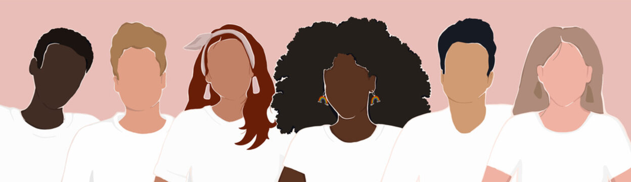a group of diverse people from different ethnic groups are standing together wearing white T-shirts. all people are equal. vector flat illustration. a big set.