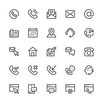 Simple Interface Icons Related to Contact. Contact us, Contact Support, Customer Service, Feedback. Editable Stroke. 32x32 Pixel Perfect.