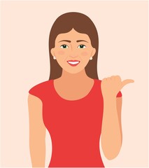 Happy beautiful young woman showing copy space or something, with her the thumb, isolated over white background. Cartoon character smiling girl shows left side or back with finger, Vector illustration