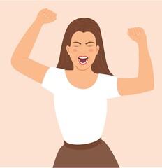 Cheerful Dancing Girl isolated on white. Joyful happy woman dancing with hands up. Excited Girl shouting emotional. Rejoice success, cheers with clenched fists celebrates victory. Vector Illustration