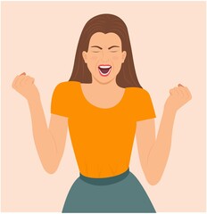Excited woman screaming with joyful facial expression. Cheering, raising fists in supportive move. Rejoice success. lucky girl celebrates victory with clenched fists, vector illustration