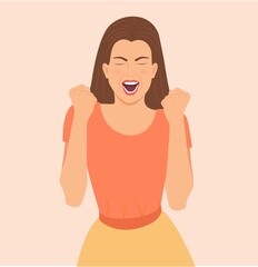 Excited woman screaming with joyful facial expression. Cheering, raising fists in supportive move. Rejoice success. lucky girl celebrates victory with clenched fists, vector illustration