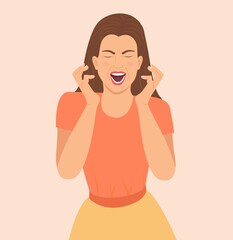 Young crazy woman screaming. Face expression with reaction and negative emotions. Insane or annoyed woman shouting emotional with open mouth and closed eyes in despair. isolated Vector illustration