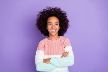 Photo portrait of pretty confident girl with crossed folded hands laughing isolated violet color background