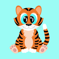 Cute cartoon tiger with big eyes isolated. Funny character tiger cub is sitting. Symbol of the year 2022. Vector illustration