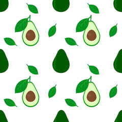 seamless pattern with avocado fruit and leaves on a white background.
