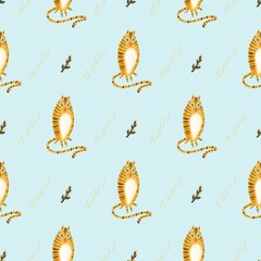 pattern with striped orange cats on a blue background