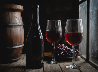 Two Glasses of Wine and Bottle Next To Window