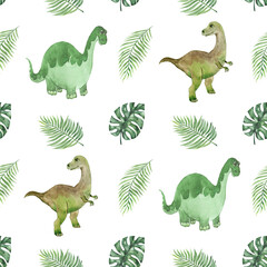 Cute dinosaurs in the tropical leaves of monstera and palm trees. Seamless watercolor pattern on a white background for print, textile, fabric, packaging.