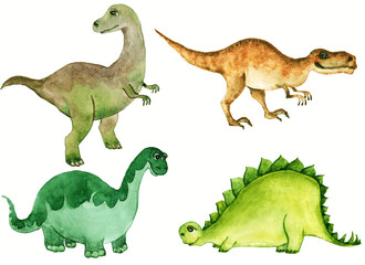 Dinosaurs are gray-green, beige-brown, green and yellow-green on a white background. Watercolor.