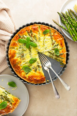 Asparagus tart, vegan quiche homemade pastry, healthy food.