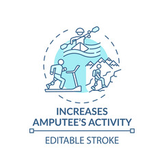 Increasing amputee activity concept icon. Prosthesis replacement condition idea thin line illustration. Achieving athletic goals. Vector isolated outline RGB color drawing. Editable stroke
