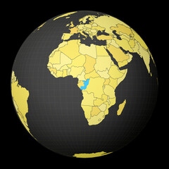 Congo on dark globe with yellow world map. Country highlighted with blue color. Satellite world projection centered to Congo. Creative vector illustration.