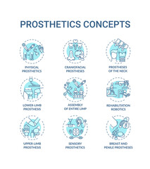 Prosthetics concept icons set. Upper and lower-limb prosthesis idea thin line RGB color illustrations. Physical, sensory, craniofacial prosthetics. Vector isolated outline drawings. Editable stroke