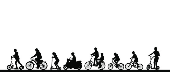 Fototapeta na wymiar A group of people ride bicycles, scooters, scooters. Vector silhouette.