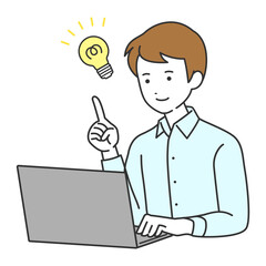 パソコンで仕事をするビジネスマン　ひらめき　イラスト素材