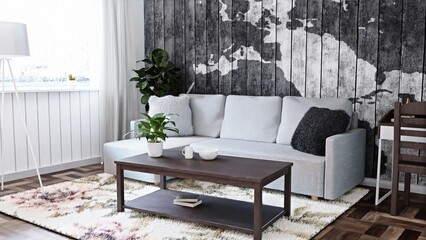 living room with a gray sofa and grey wood wall