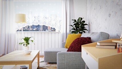 A minimalist living room with a gray sofa and colorful pillows