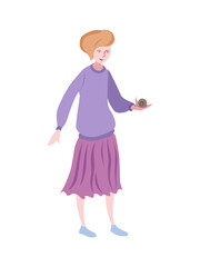 A girl holding a snail in her hand - vector illustration of a female character. It can display the concepts of love for nature, saving the environment, etc.