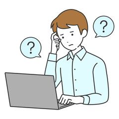 パソコンで仕事をするビジネスマン　疑問　イラスト素材