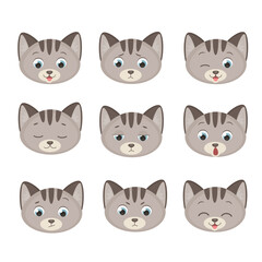Set of cats on white background. Cute cat faces, facial expressions, different emotions.