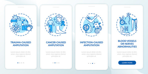 Fototapeta na wymiar Amputation causes onboarding mobile app page screen with concepts. Tumor, blood vessels damage walkthrough 4 steps graphic instructions. UI, UX, GUI vector template with linear color illustrations