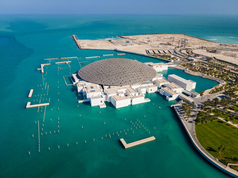 Abu Dhabi, United Arab Emirates - April 6, 2021: Louvre Museum In Abu Dhabi Emirate Of UAE Aerial View