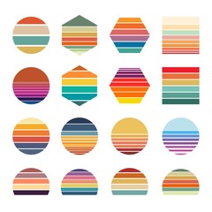 Retro sunset collection for banner or print. 80s style retrowave striped shapes with different forms and colors.  - obrazy, fototapety, plakaty