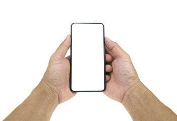 hand holding phone isolated on white clipping path inside