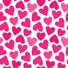 Cute Hearts with the texture of cells, polka dots, fabrics. Seamless Pattern Girly Abstract Surface Design. Pink colored vector shapes isolated on white background - 429209265