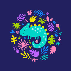 vector illustration of cute iguana in circle