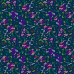 Seamless multicolored geometric patterns, spots, paint strokes. Mosaic in purple, blue, green tones. Universal design for textiles, home decor, apparel, bedding, fabrics, packaging, scrapbooking