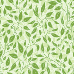 Naklejka na ściany i meble Seamless floral ornament on a light green background. Curved branches with leaves. Elegant design for wallpaper, packaging, fabrics, home textile, decor, curtains, cards, bedding, poster, invitations