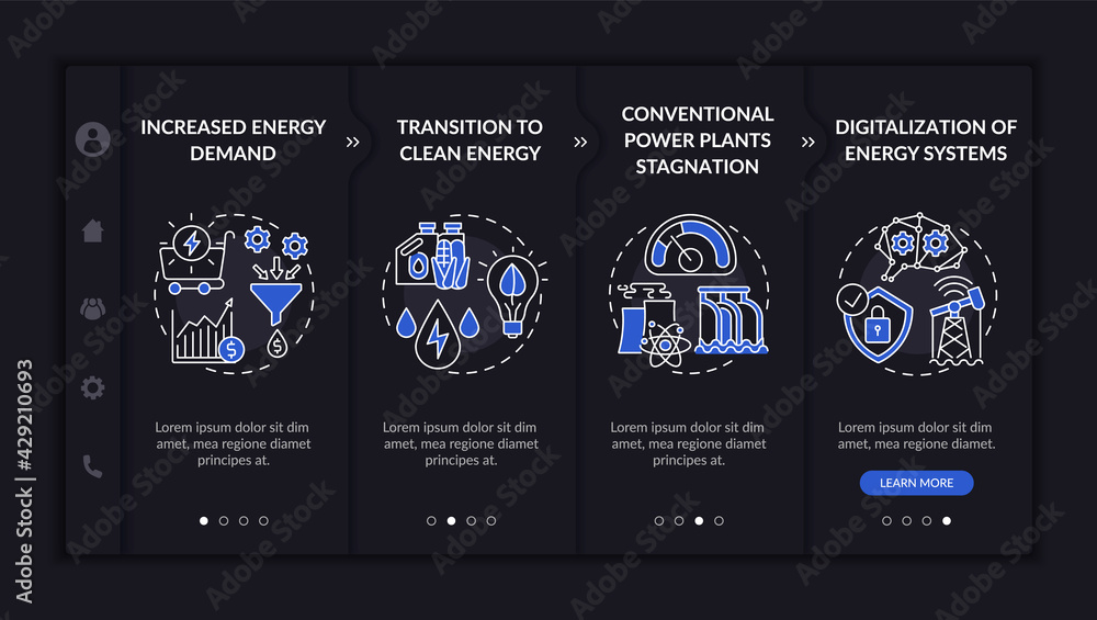 Poster energy engineering directions onboarding vector template. responsive mobile website with icons. web 