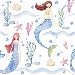 Aquarell Musterdesign mit Meerjungfrauen. © Tapilipa