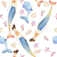 Aquarell Musterdesign mit Meerjungfrauen. © Tapilipa