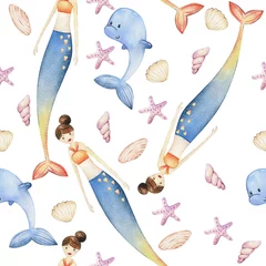 Aquarell Musterdesign mit Meerjungfrauen. © Tapilipa