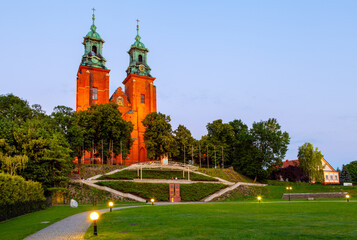 Gothic cathedral of Virgin Mary Assumption and St. Wojciech at Lech Hill in old town historic city center of Gniezno in Grater Poland region