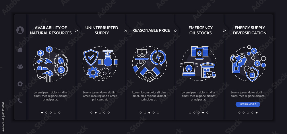 Poster energy secure factors onboarding vector template. responsive mobile website with icons. web page wal