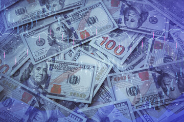Multi exposure of forex chart drawing over us dollars bill background. Concept of financial success markets.