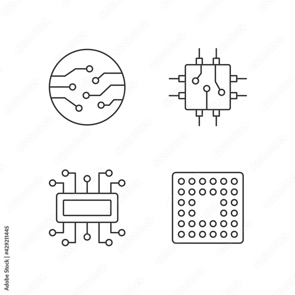 Poster microcircuits linear icons set. cpu computer socket types. circuit board components creation process