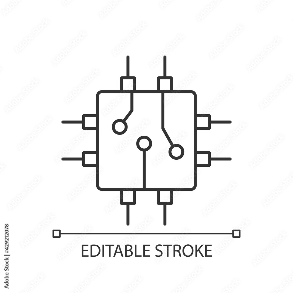Poster circuit board design linear icon. create plan how to place all microprocessors on circuit board. thi