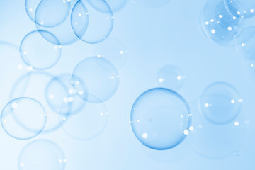 Transparent Blue Soap Bubbles Float Background.