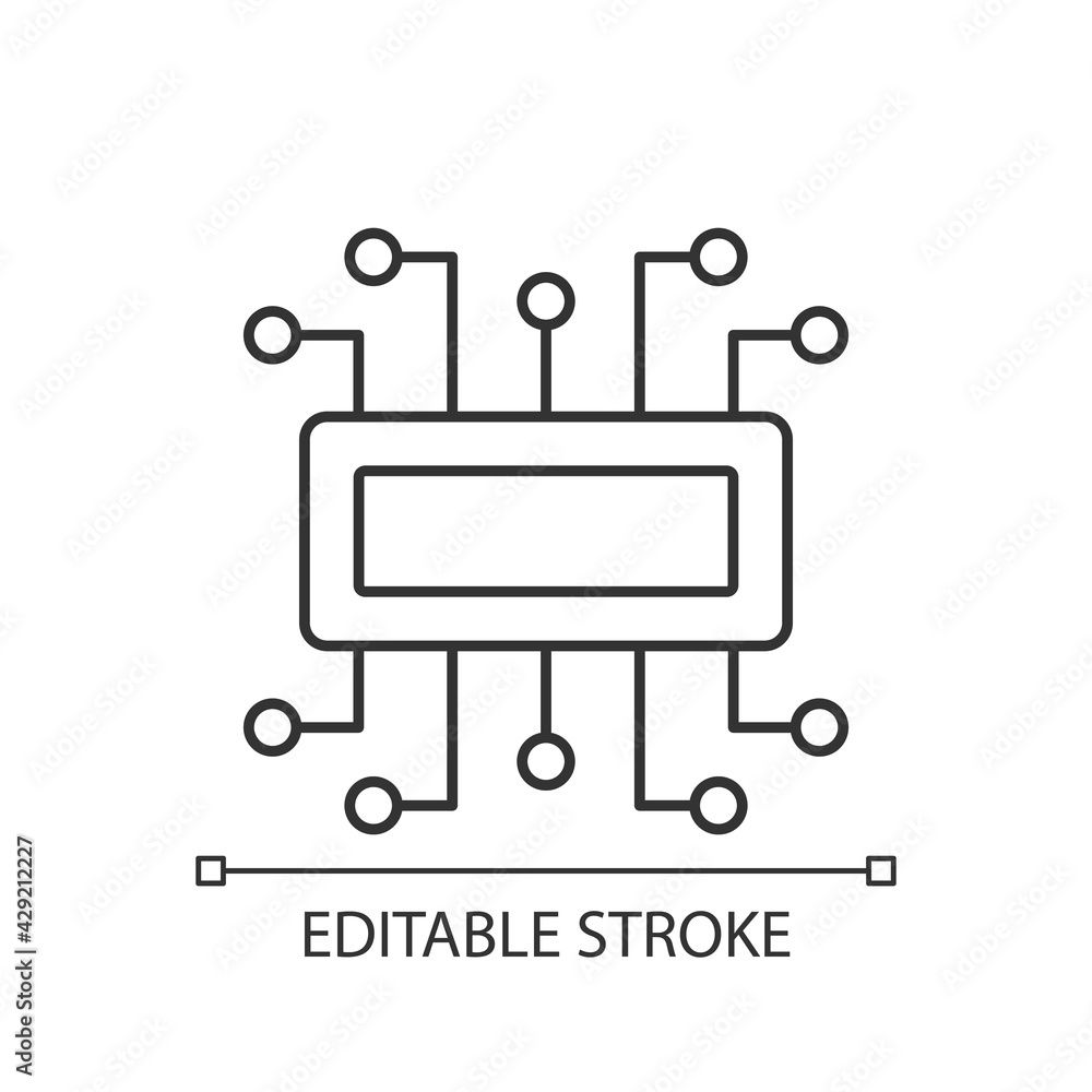 Poster microcontroller linear icon. computer created on metal semiconductor integrated circuit chip. thin l