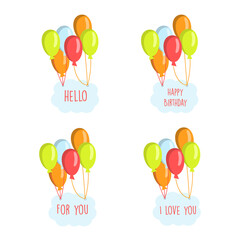 Balloons with a poster and inscriptions Happy birthday, Hello, I love you, for you, on a white isolated background. Cartoon. Vector flat illustration