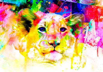 Foto auf Acrylglas tiger head with creative colorful abstract elements on dark background © reznik_val