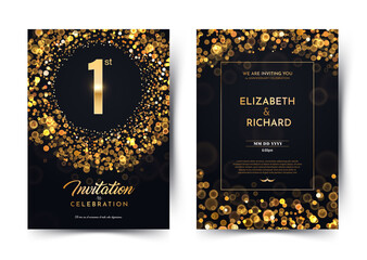 1st year birthday vector black paper luxury invitation double card. One year wedding anniversary celebration brochure. Template of invitational for print on dark background with bokeh lights 