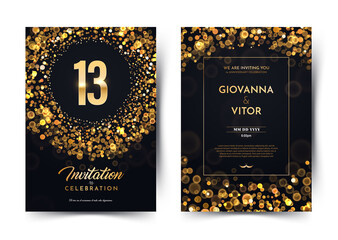 13th years birthday vector black paper luxury invitation double card. Thirteen years wedding anniversary celebration brochure. Template of invitational for print on dark background with bokeh lights