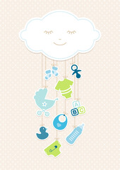 Hängende Babysymbole Junge Unter Wolke Blau Grün Punkte Beige